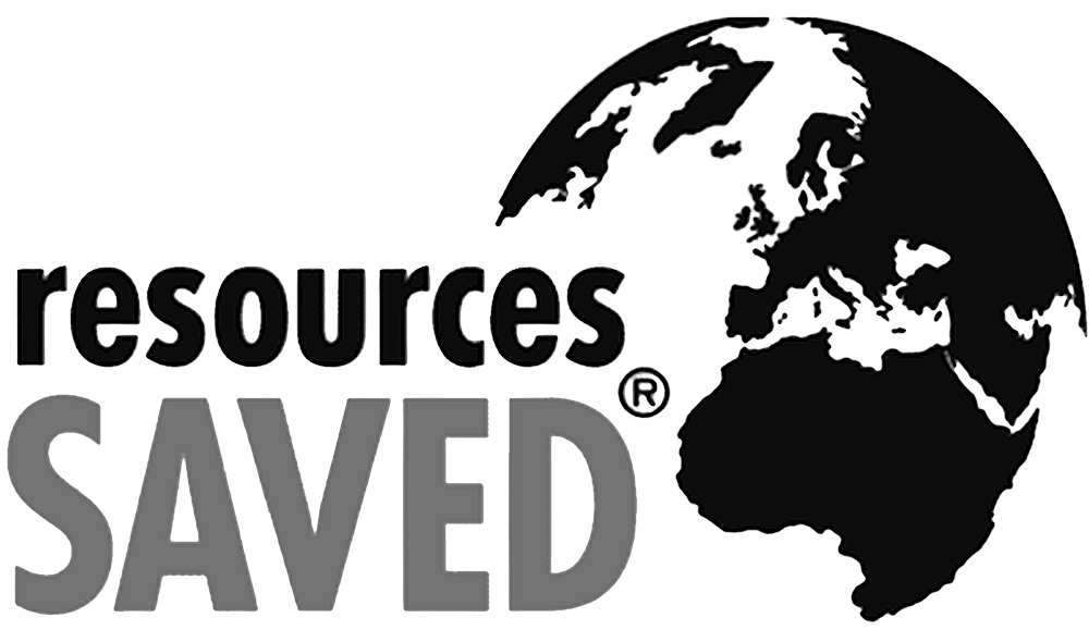 Black and gray logo of Resources Saved featuring a globe showing Africa, Europe, and parts of Asia and South America.