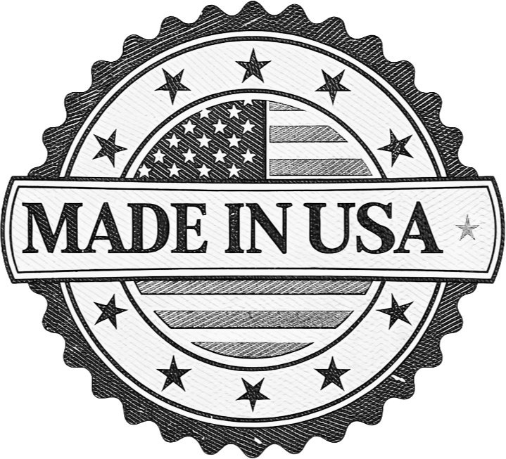 Black and white badge with the text "Made in USA" in the center, featuring stars and stripes reminiscent of the American flag.