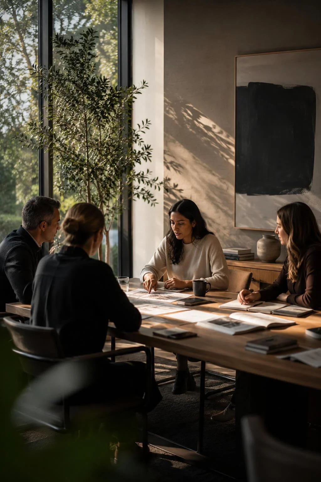 Four people in a business meeting around a wooden table in a modern office with large windows and natural light, plants, and abstract art on the wall.
