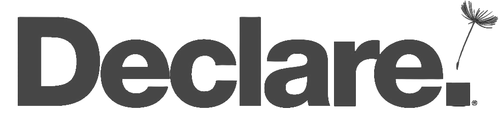 The word 'Declare' in large gray letters with a dandelion seed blowing in the wind to the right.