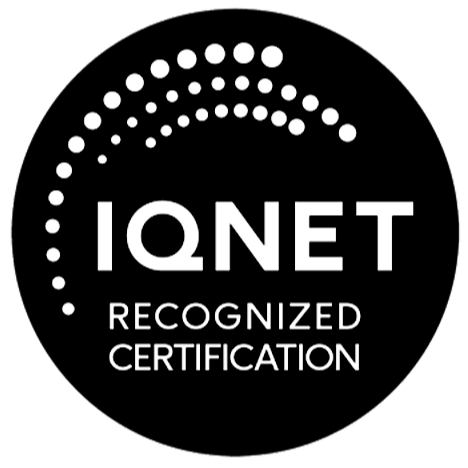 Icon with dotted circle design and text 'IQNET Recognized Certification' in white on a black background.
