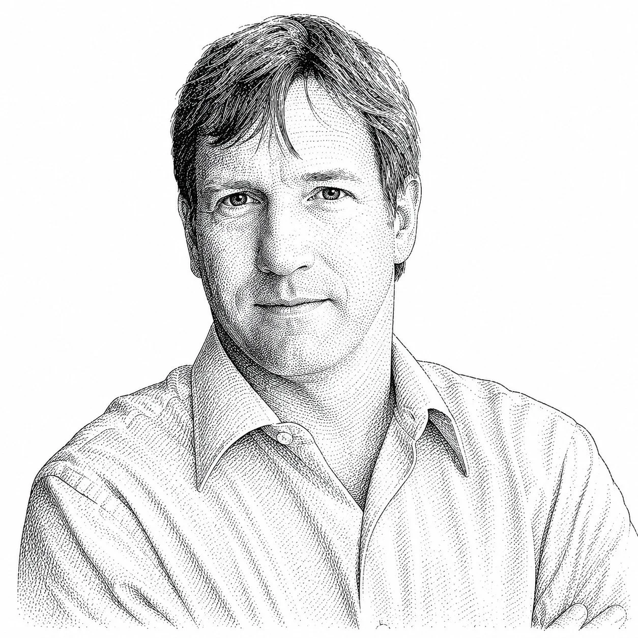 Black and white illustrated portrait of a man with short hair, wearing a collared shirt, looking confidently at the camera.