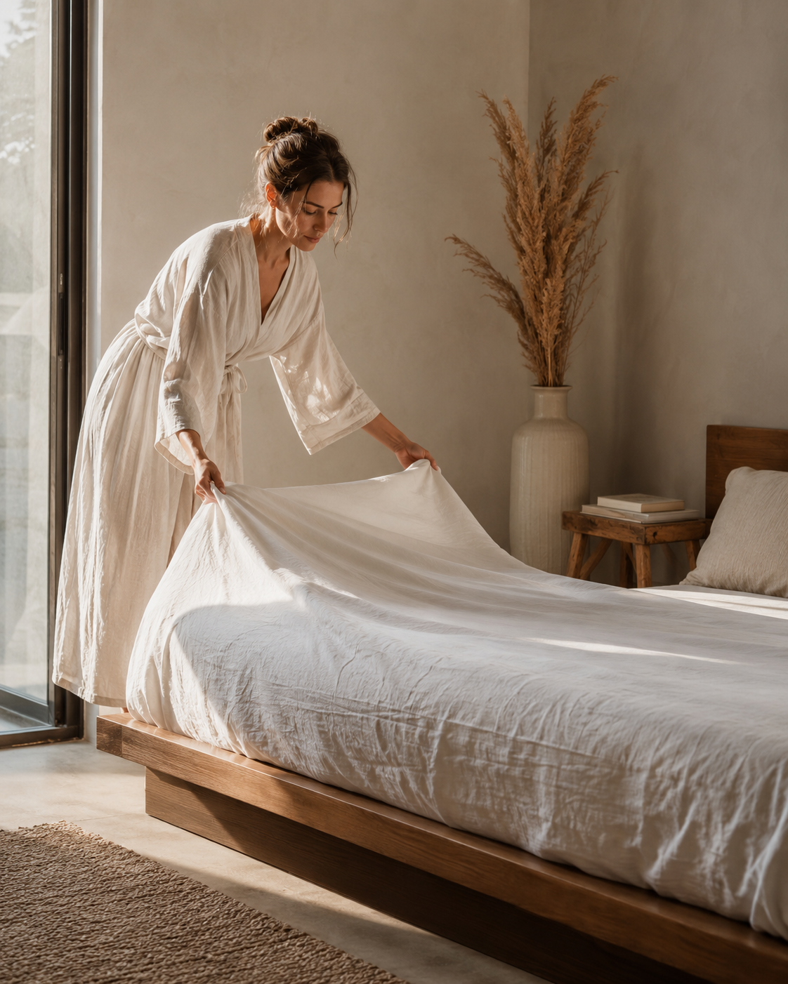 Woman making a bed in a sunlit bedroom with neutral decor and a tall vase of dried plants.