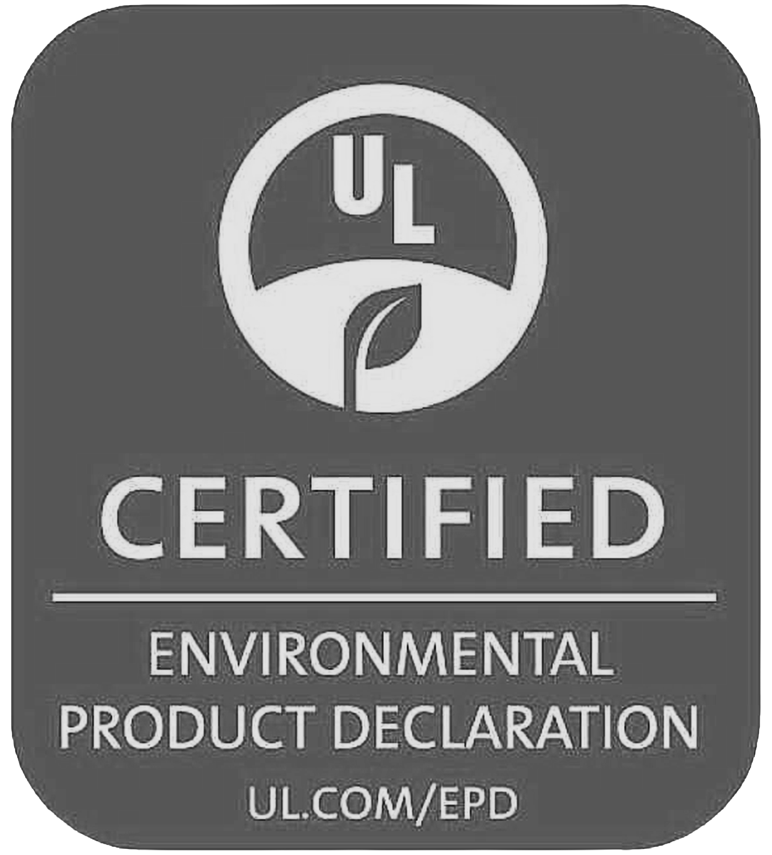 Close-up of a certification sticker indicating that the product has been declared environmentally friendly, featuring a steering wheel icon with the letters 'UL' inside and the words 'CERTIFIED' and 'PRODUCT DECLARATION'.
