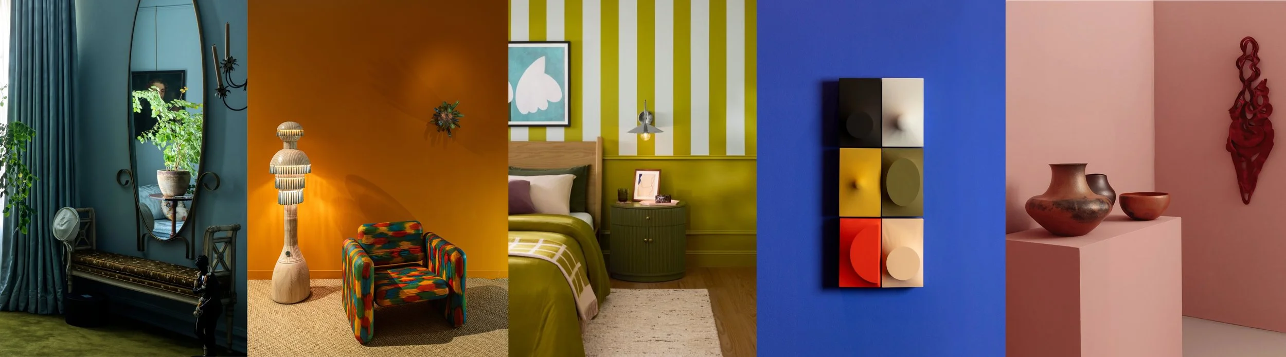 A colorful collage of interior design scenes, including a mirror with teal curtains, a wooden chair with colorful patterns and a lamp, a bedroom with green walls and striped wallpaper, a modern art wall piece with geometric shapes and bright colors, and a pink wall with decorative pottery.