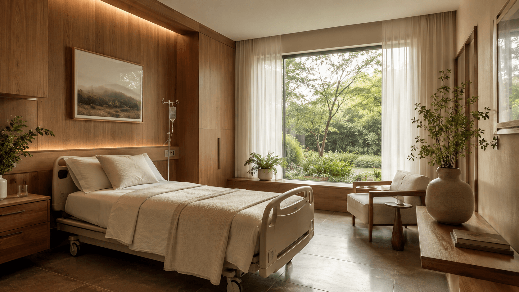 A hospital room with a bed, bedside table, and large window showing a garden outside. The room features wooden walls and furniture, with a plant on a side table and artwork on the wall.