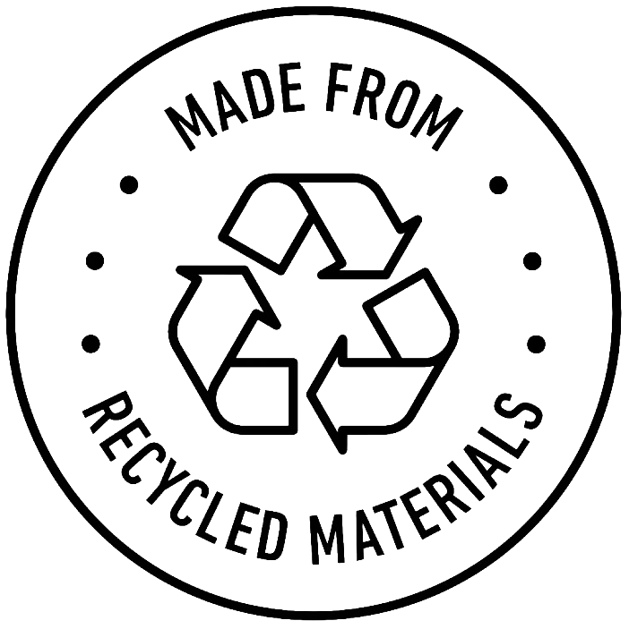 Recycling symbol with text indicating it is made from recycled materials.