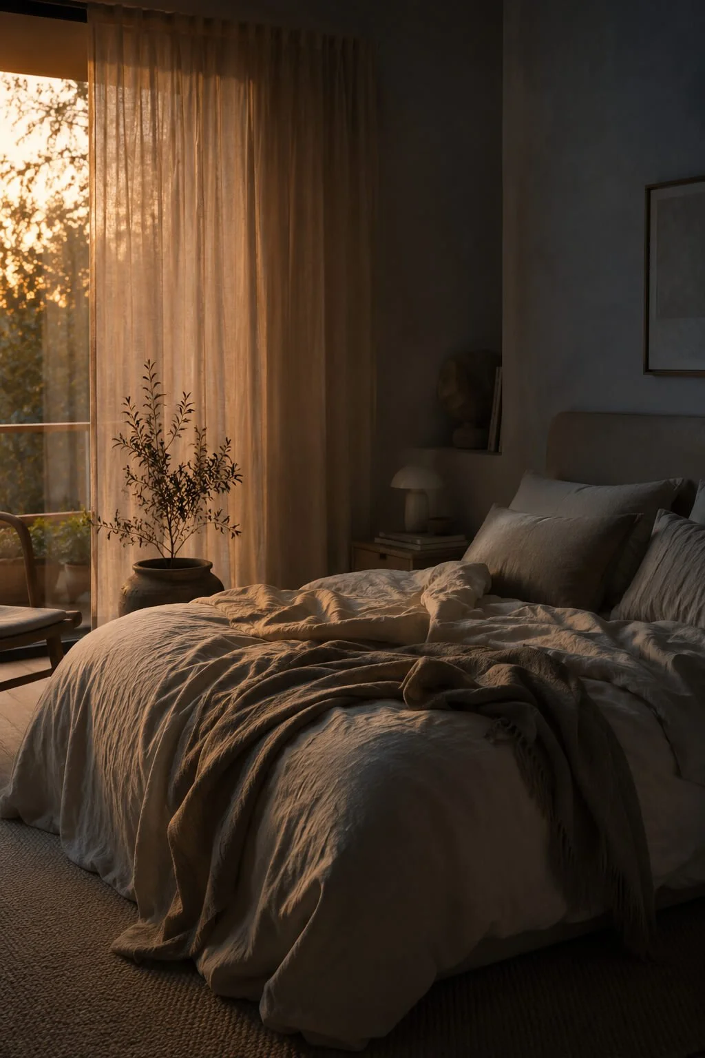 A cozy bedroom illuminated by warm sunset light through a sheer curtain, with unmade bed, a potted plant, and minimal decor.