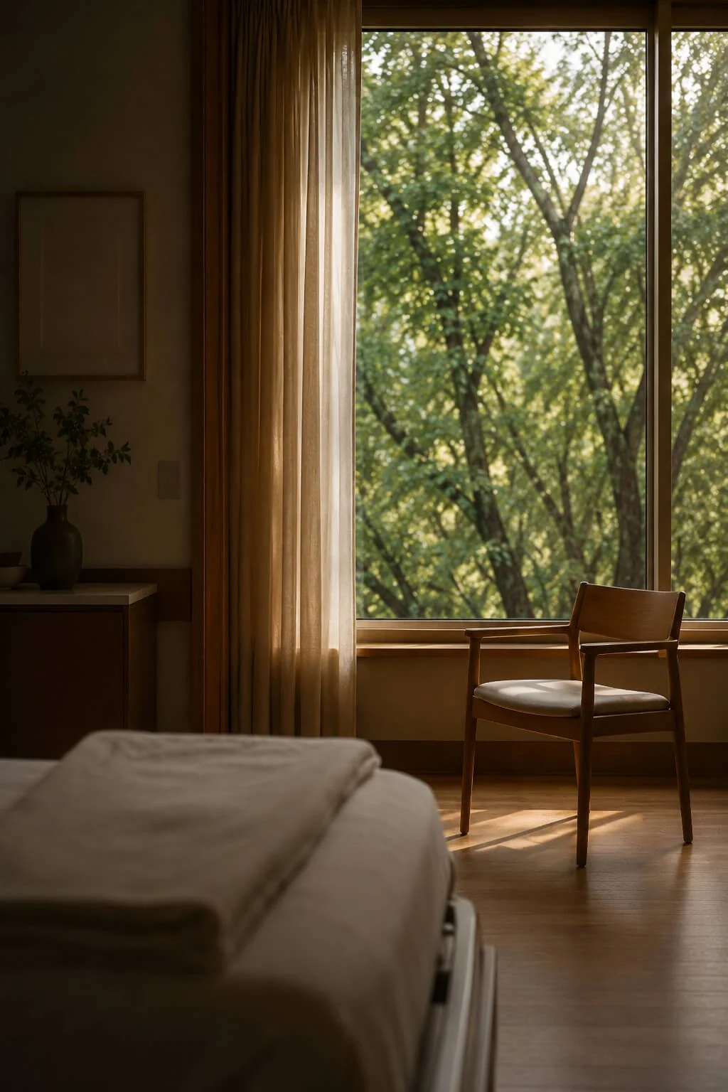 A bedroom with a large window showing green trees outside, a wooden chair near the window, and a bed with beige bedding in the foreground.