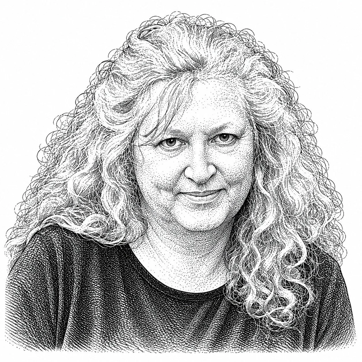 A black-and-white line drawing of a woman with curly hair wearing a black shirt.