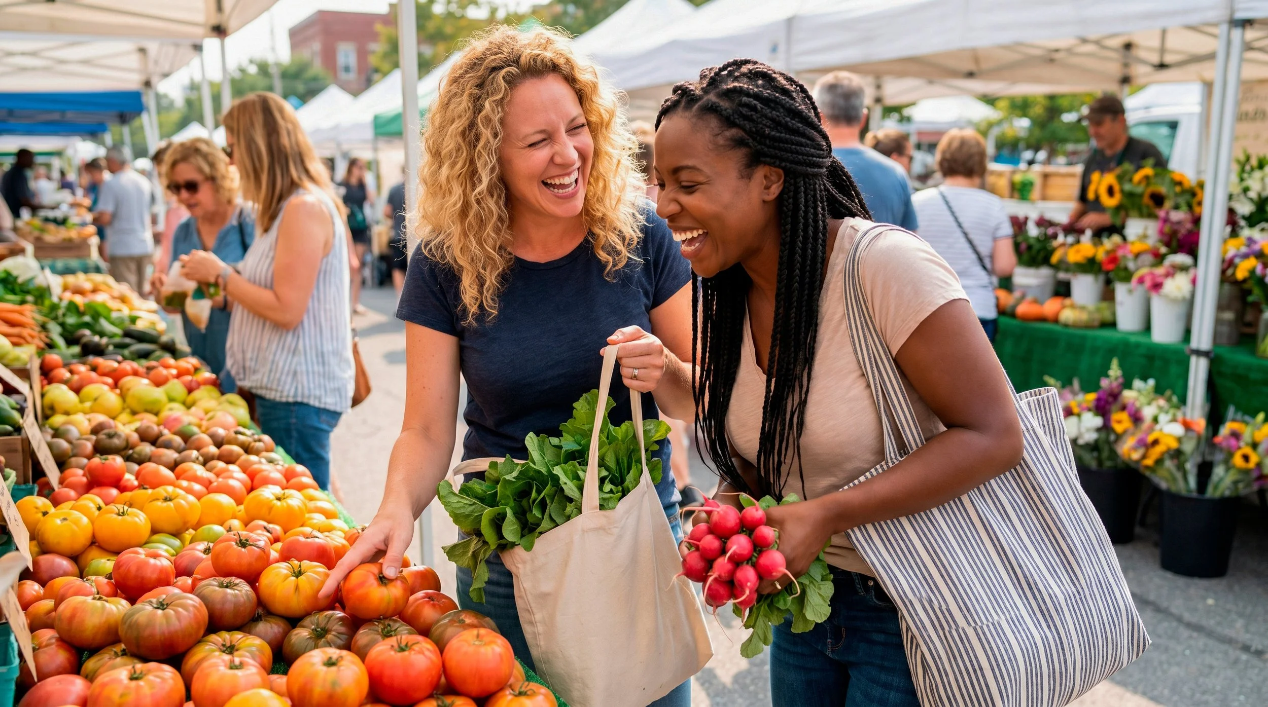 Two women shopping for fresh vegetables at an outdoor farmers market