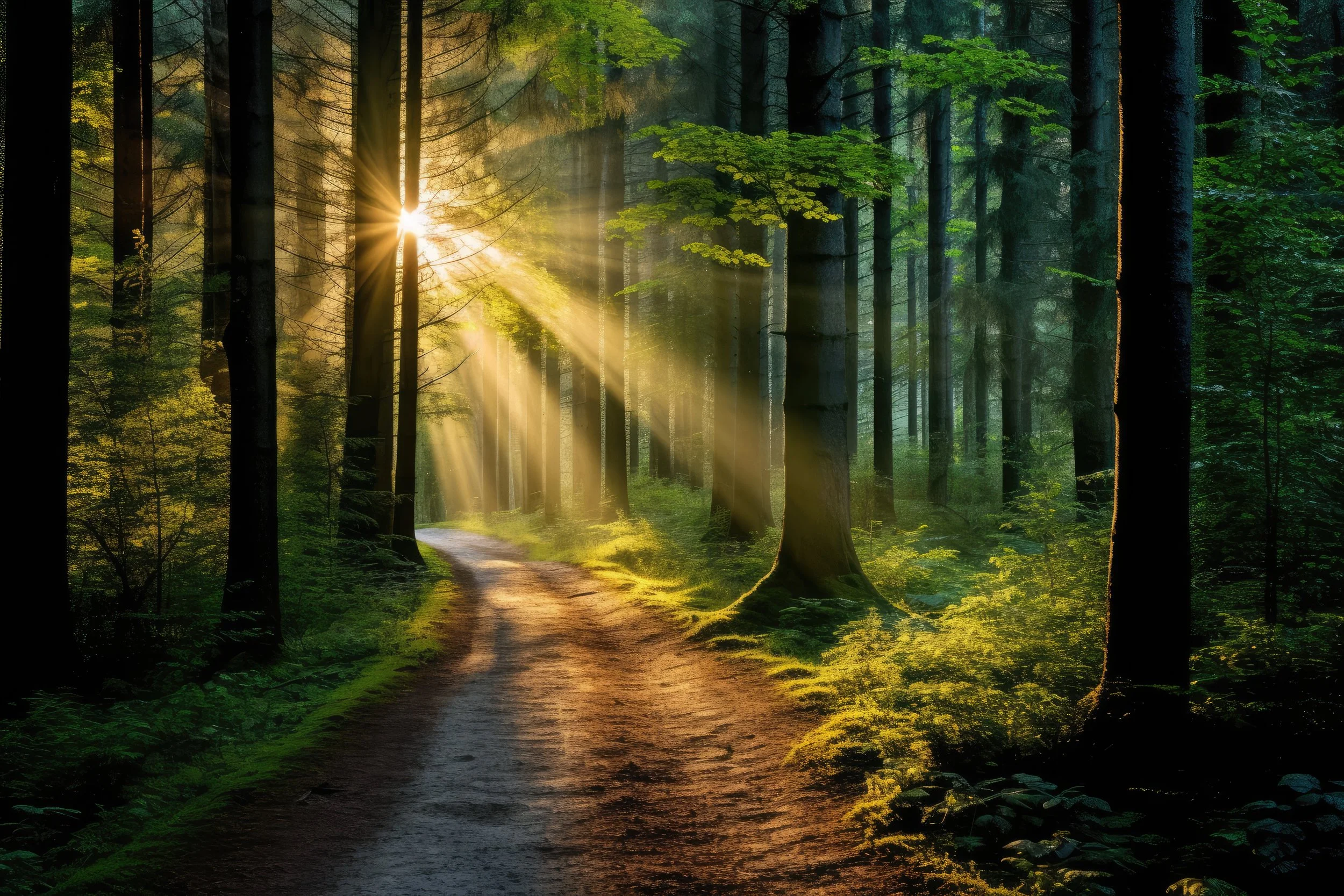 Sunlight streaming through a green forest onto a winding woodland path.