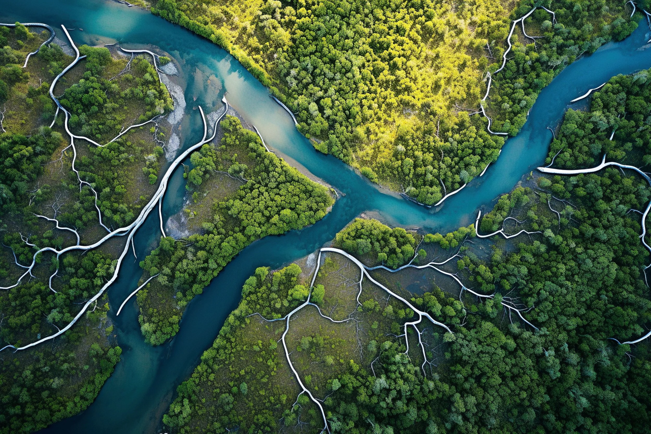 Aerial view of branching river channels flowing through a forested wetland