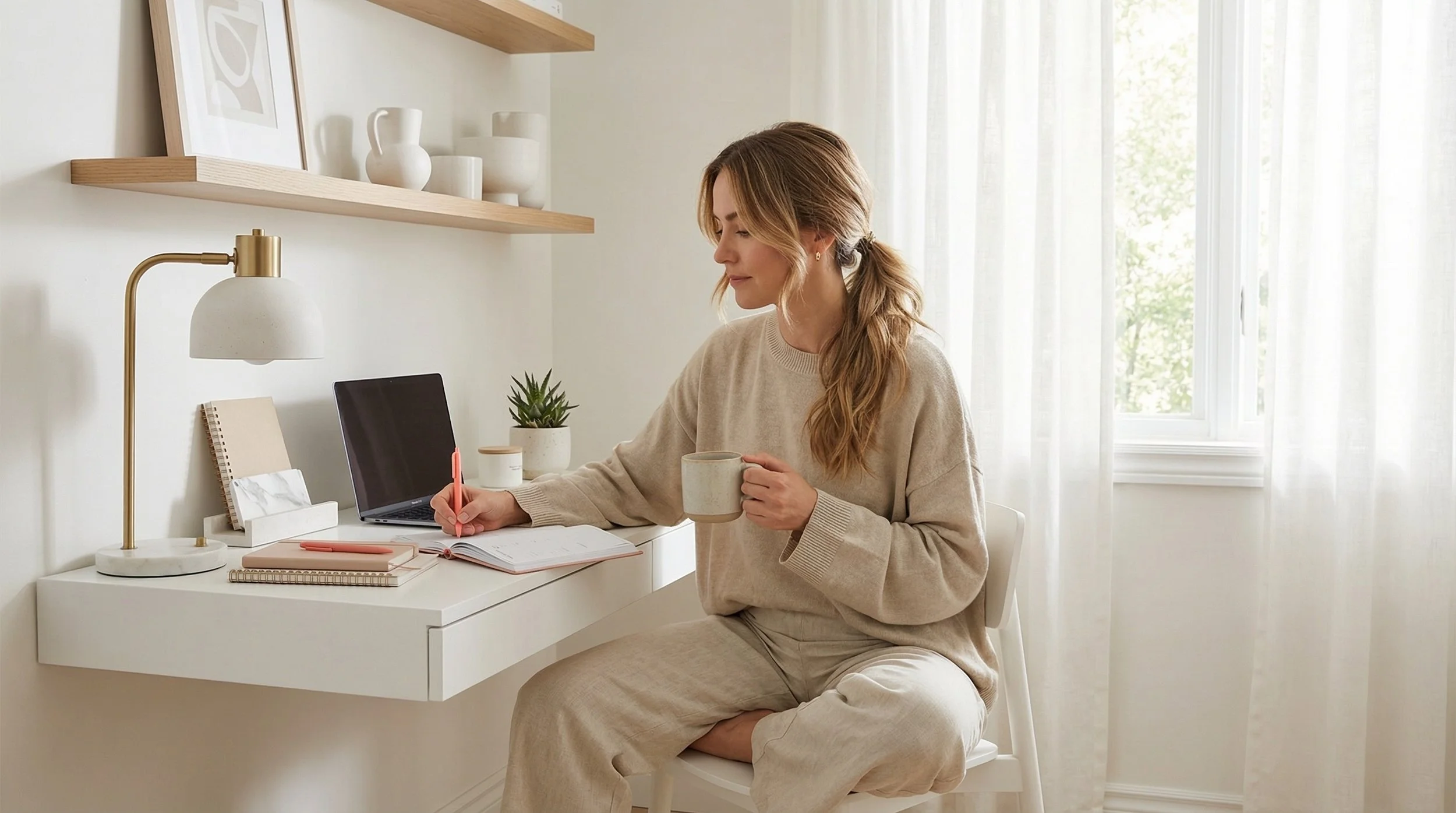 Person journaling at a desk with coffee and a laptop, representing healthy daily routines, reflection, and long-term wellness habits.
