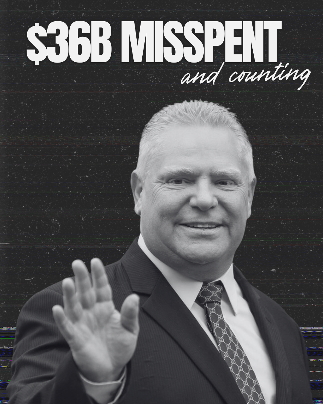 Black and white photo of a smiling man in a suit waving. Text at the top reads "$36B MISSENT and counting."