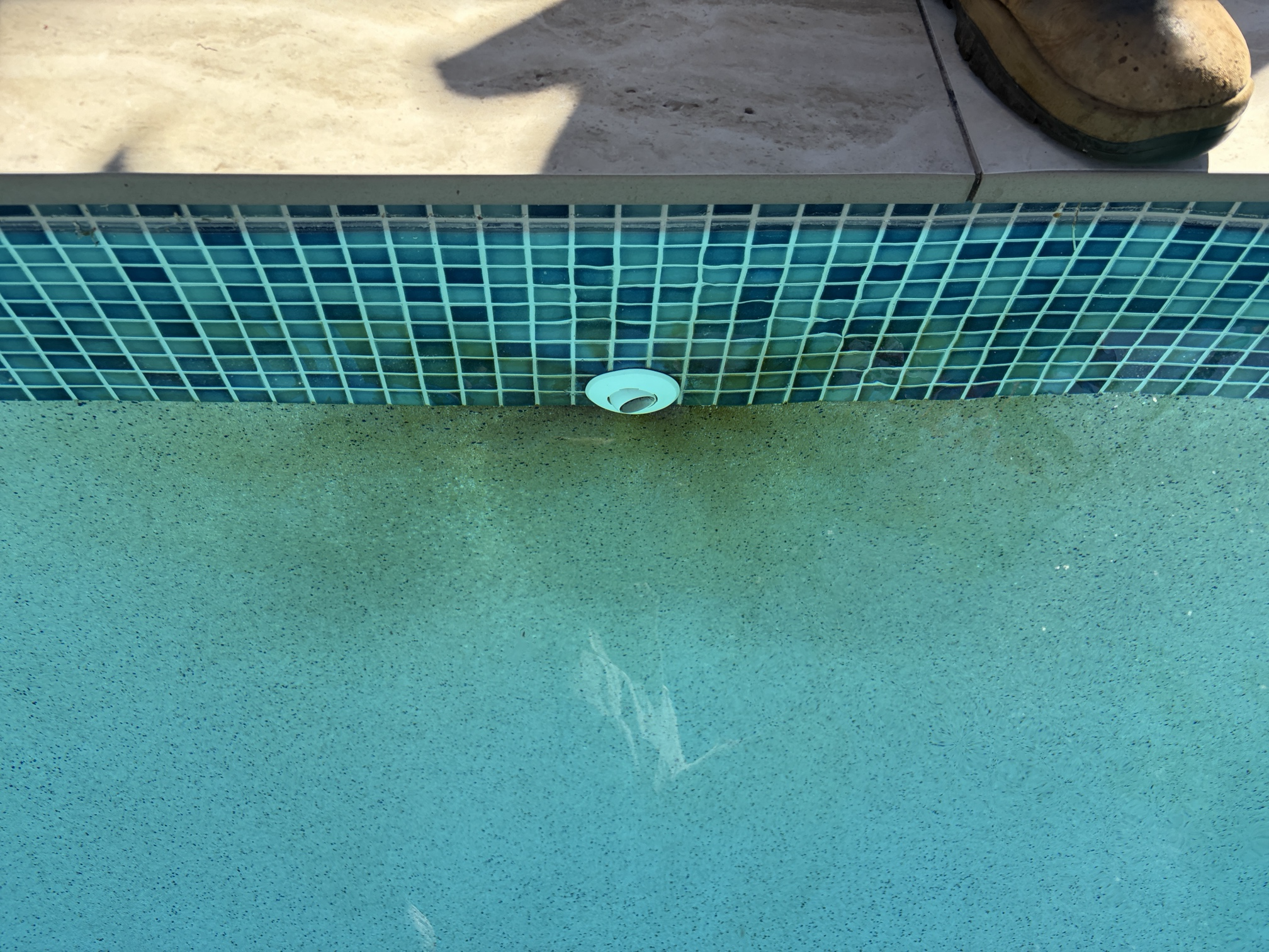 Close-up of a swimming pool with a tiled wall, part of a shoe, and concrete surroundings.