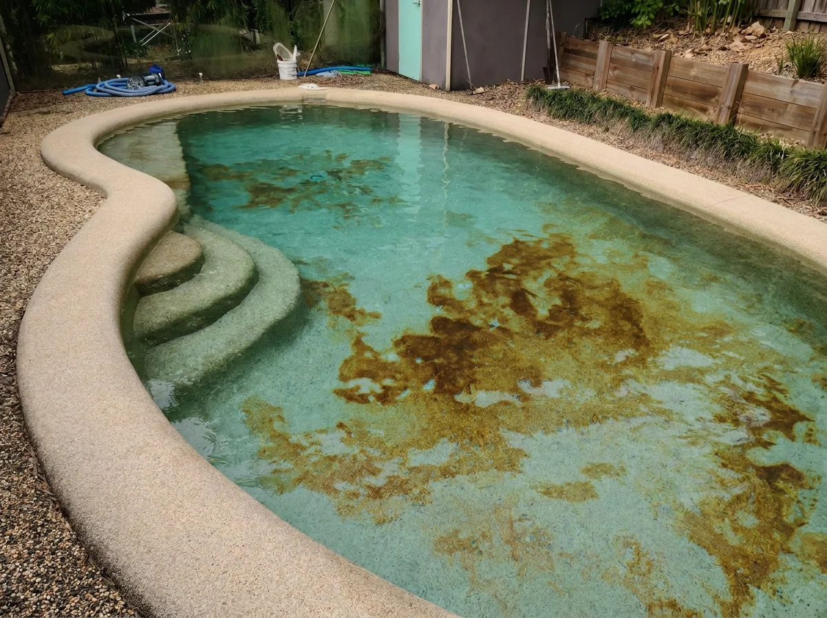 A kidney-shaped backyard swimming pool with dirty water and algae growth, surrounded by a concrete deck and a wooden fence.
