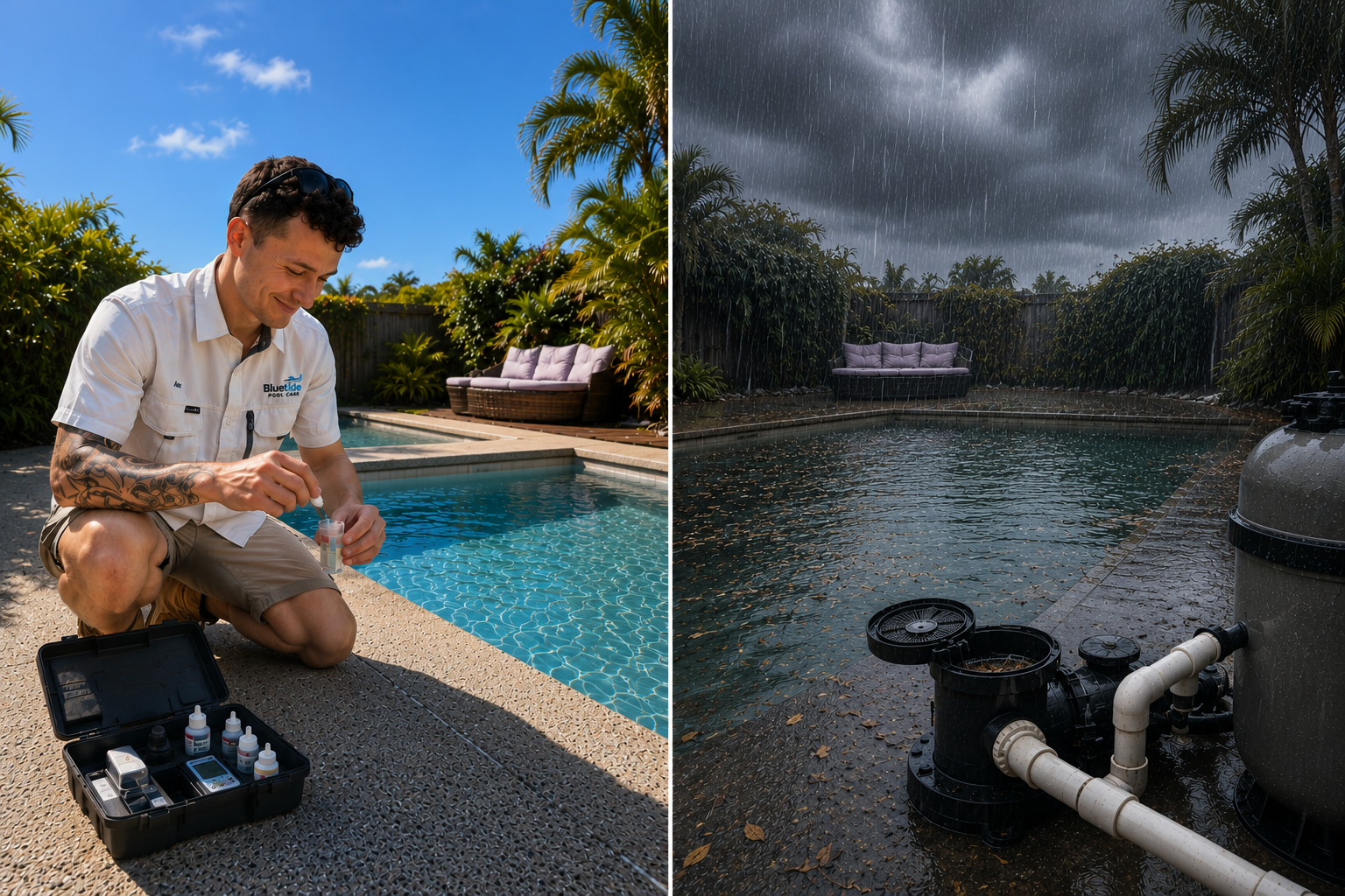 Comparison of a sunny, clear swimming pool and a rainy, cloudy pool with pool equipment.