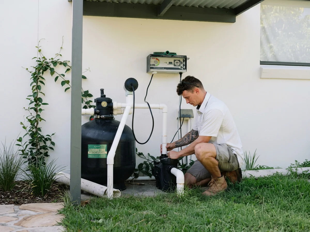 A man kneels on the grass next to a pool filtration system that includes a large black filter tank and pipes, working on the plumbing in a backyard area.