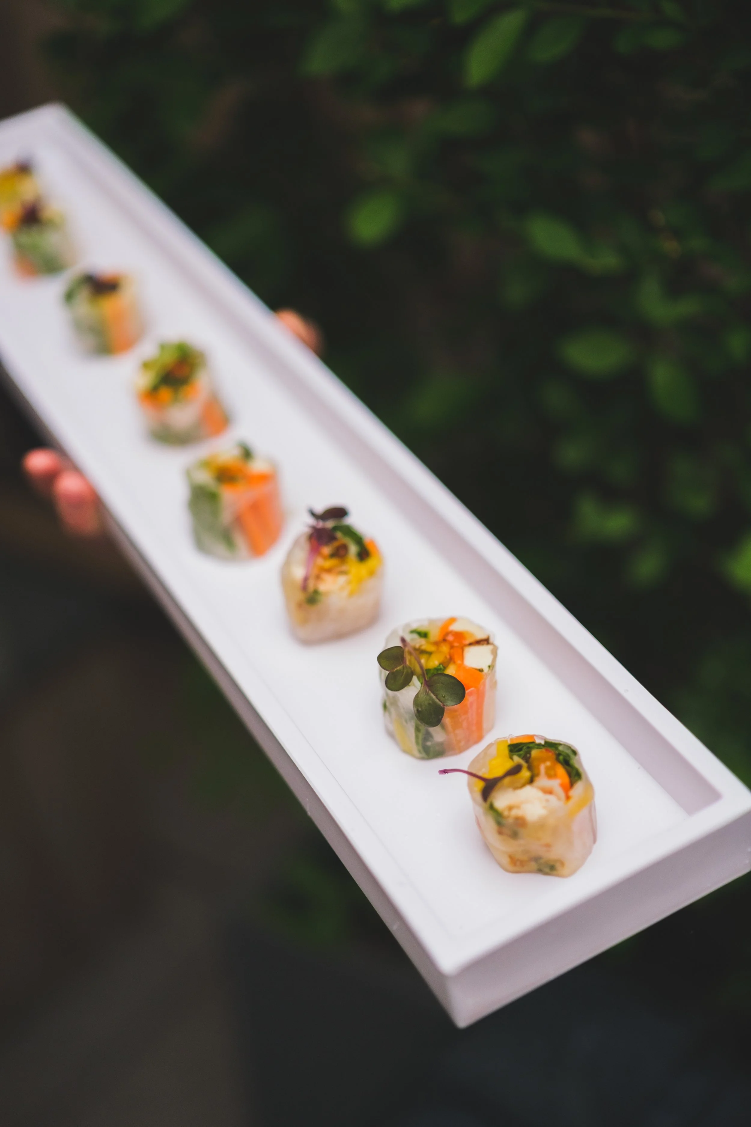 Row of assorted sushi rolls garnished with microgreens on a white tray