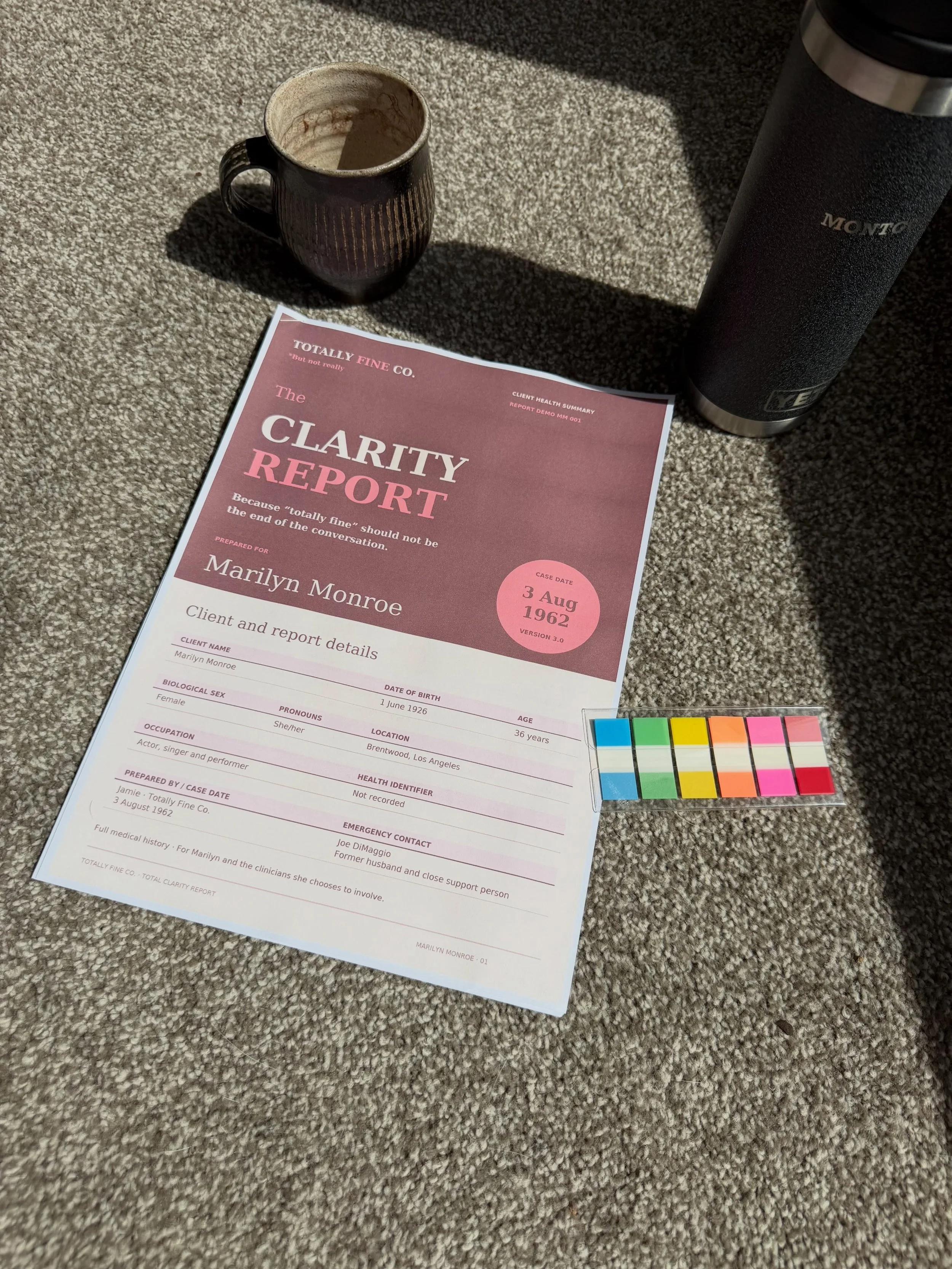 Because &ldquo;totally fine&rdquo; should not be the end of the conversation.

The Total Clarity Report brings your symptoms, history, records and key concerns together in one clear place, so you can walk into appointments feeling more prepared and l