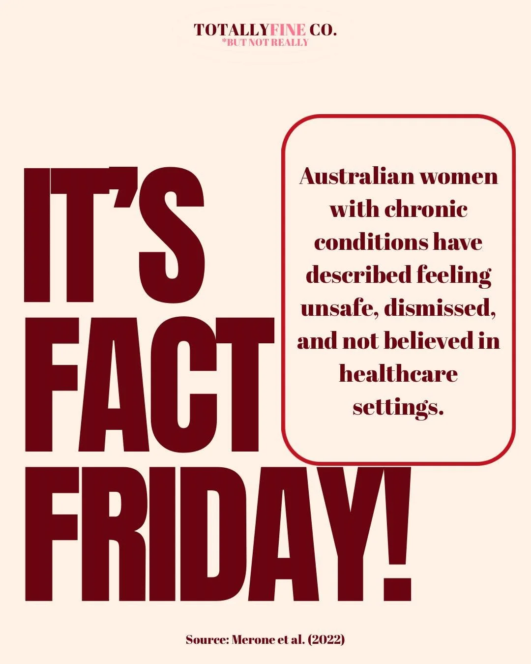 Feeling dismissed in healthcare!
Being heard matters. Australian women living with chronic conditions have reported feeling dismissed, unsafe and not believed within healthcare settings.

Source: Merone et al. (2022)