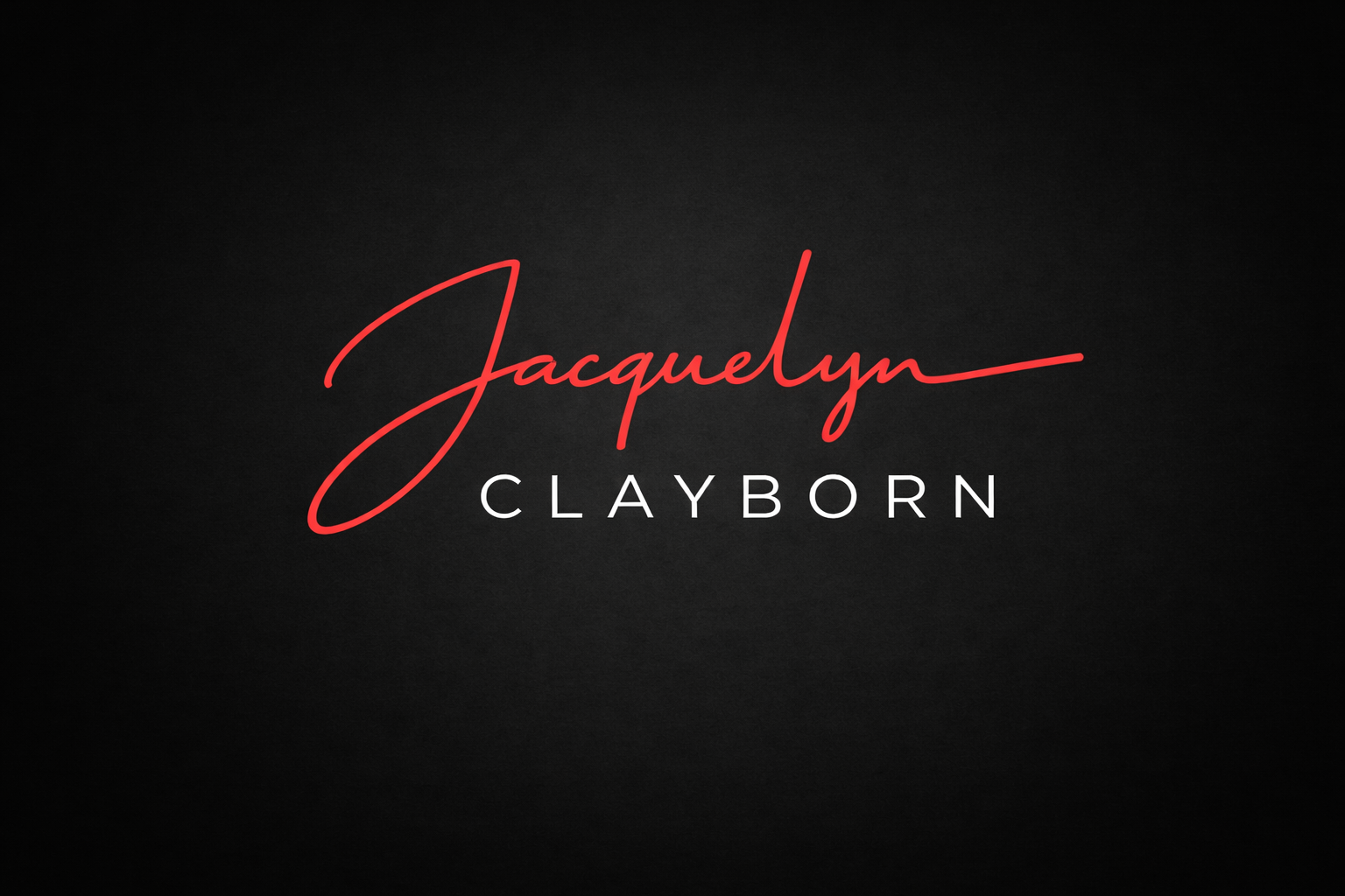 The image features the name 'Jacquelyn Clayborn' written in a stylish script font with 'Jacquelyn' in red and 'CLAYBORN' in white on a black background.