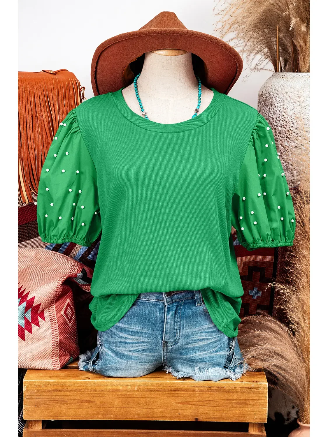 Ribbed Pearl Beaded Puff Sleeve Top