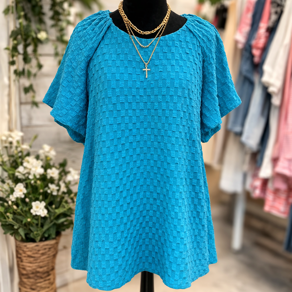 Azure Color Jacquard Round Neck Mini Dress with Side Cut & Bubble Sleeves