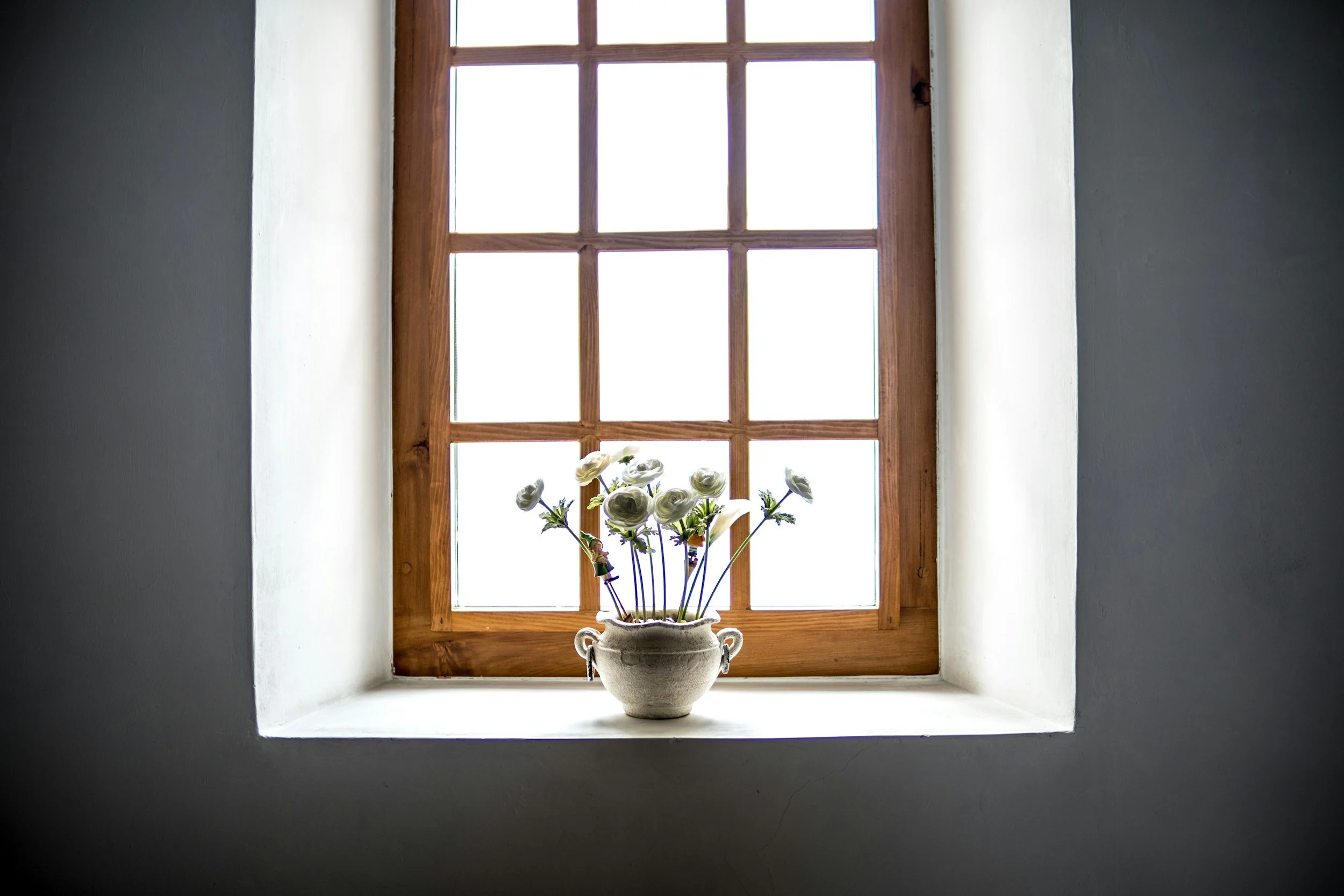 A potted white flower arrangement on a window sill, with a wooden window and bright sunlight coming through the window.