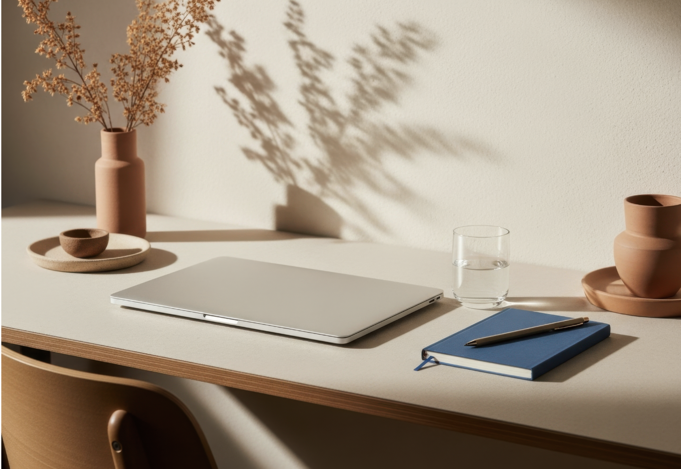 A minimalist workspace with a closed laptop, a blue notebook with a pen, a glass of water, and terracotta-colored vases and bowls on a cream-colored desk.