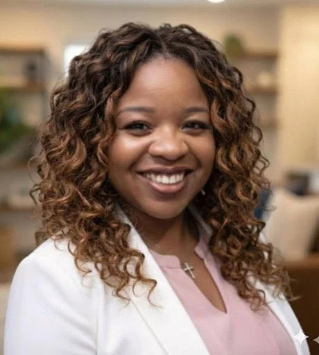 Kim Luciano, A smiling woman with curly hair and a white blazer in an indoor setting.