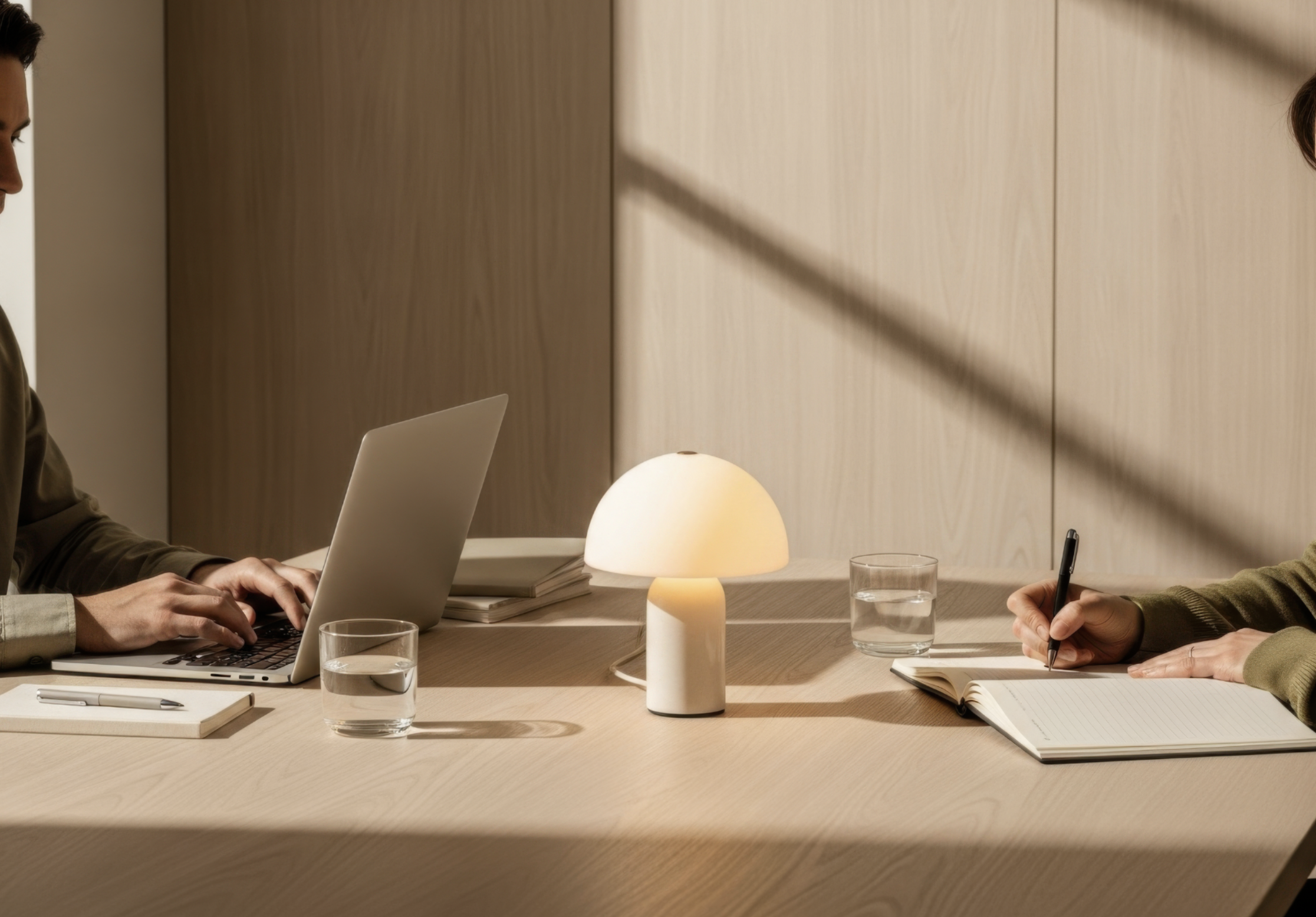 Two people sitting at a wooden table with notebooks, glasses of water, a lamp, and a laptop, in a minimalist room.