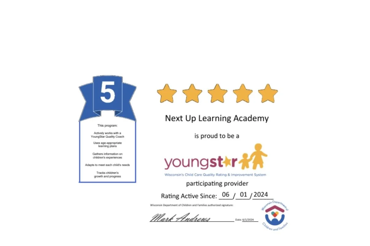 Certificate of achievement awarded to Next Up Learning Academy for a 5-star rating in Wisconsin's Child Care Quality Rating & Improvement System, signed by Mark Andrews, dated June 1, 2024, with a 5-star graphic and the Wisconsin Department of Children and Families logo.