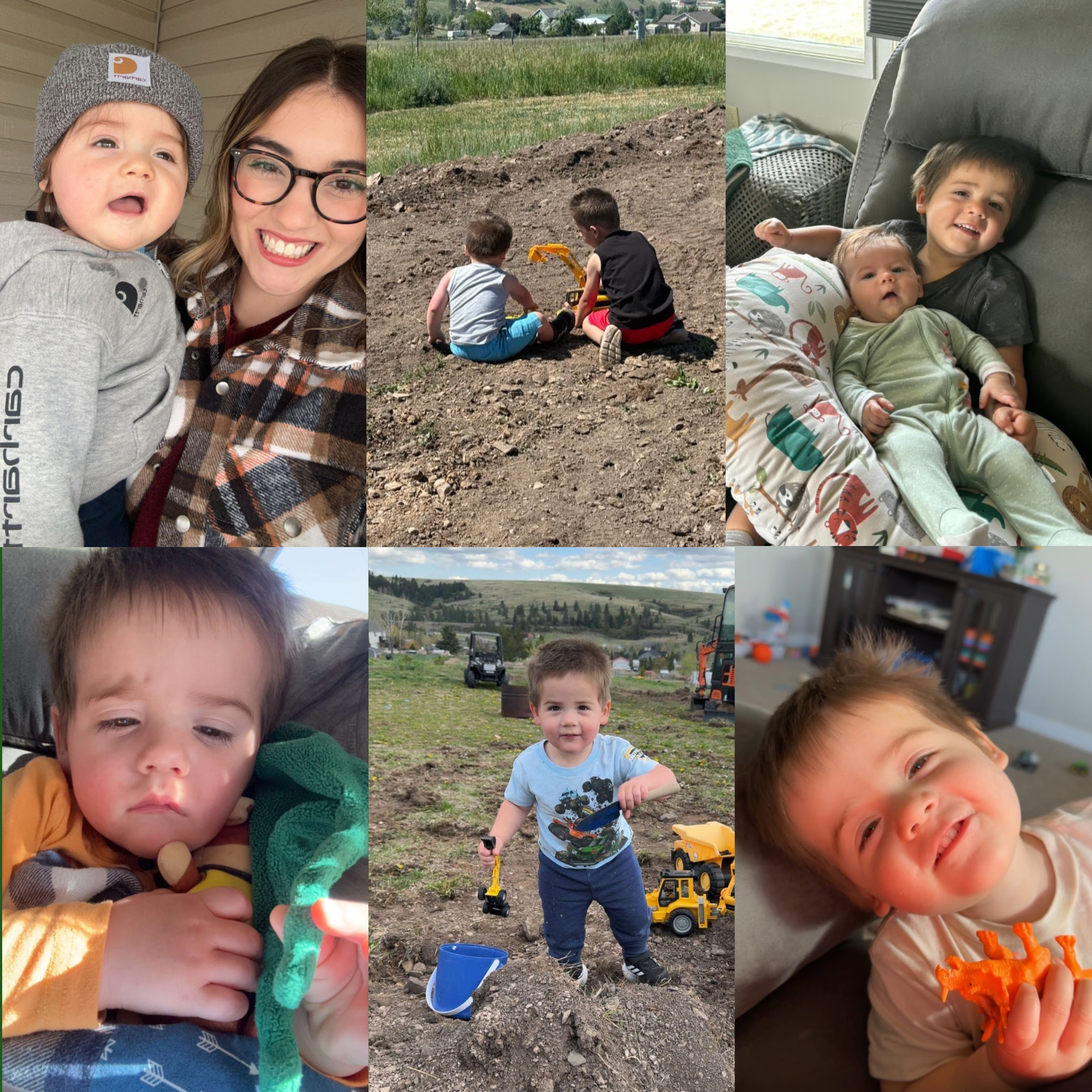 A collage of photos showing children and adults engaging in outdoor activities, playing with toys, and relaxing at a rural or suburban location with open fields and trees.
