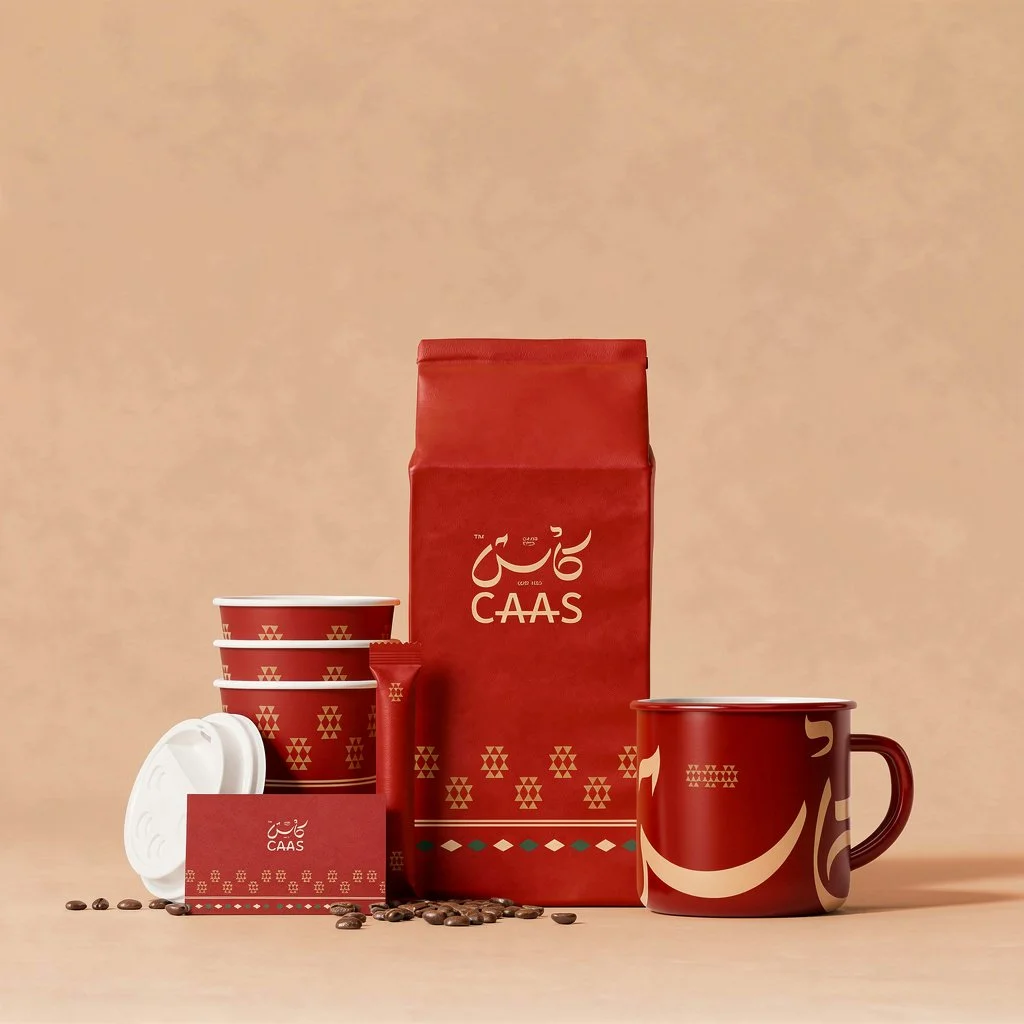 Coffee products, including a red bag of coffee beans, a red mug with Arabic script, four small red coffee cups, a small red packet, a white coffee lid, and scattered coffee beans on a beige surface.