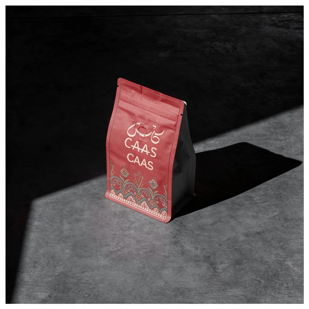 A red and black package labeled "CaaS" with decorative patterns, standing on a gray surface with shadowing.