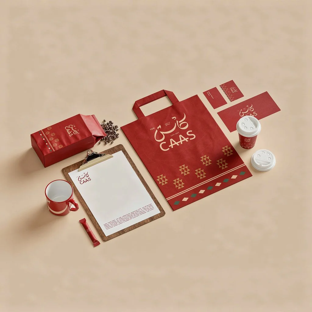 Red coffee-themed merchandise including paper bag, coffee cup, mug, chocolate bar, and stickers on a beige surface.