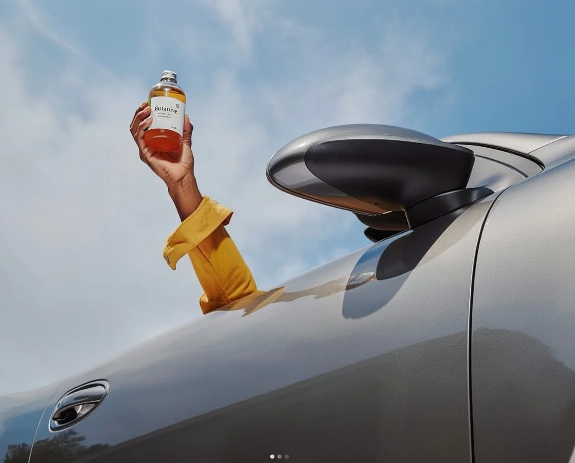 A person holding a bottle labeled 'Botaniqe' outside a silver car, with their arm resting on a side mirror, against a partly cloudy sky.