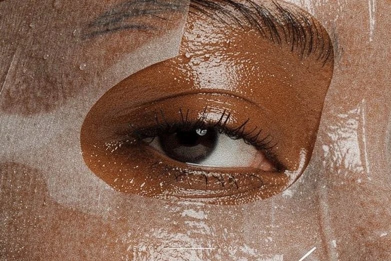 Close-up of a person's eye with makeup, overlaid with textured and abstract elements.