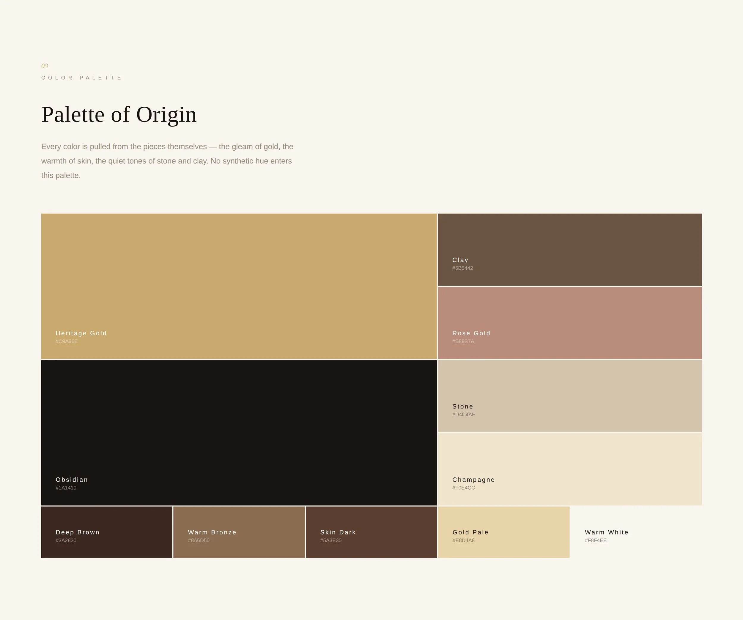A palette of color swatches with names and hex codes, including Heritage Gold, Clay, Rose Gold, Obsidian, Champagne, Deep Brown, Warm Bronze, Skin Dark, Gold Pale, Warm White, and others.