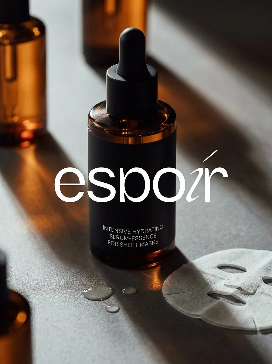 A dark amber bottle with a black dropper cap holding serum, placed on a gray surface with drops of serum and a sheet mask nearby, with other similar bottles in the background.