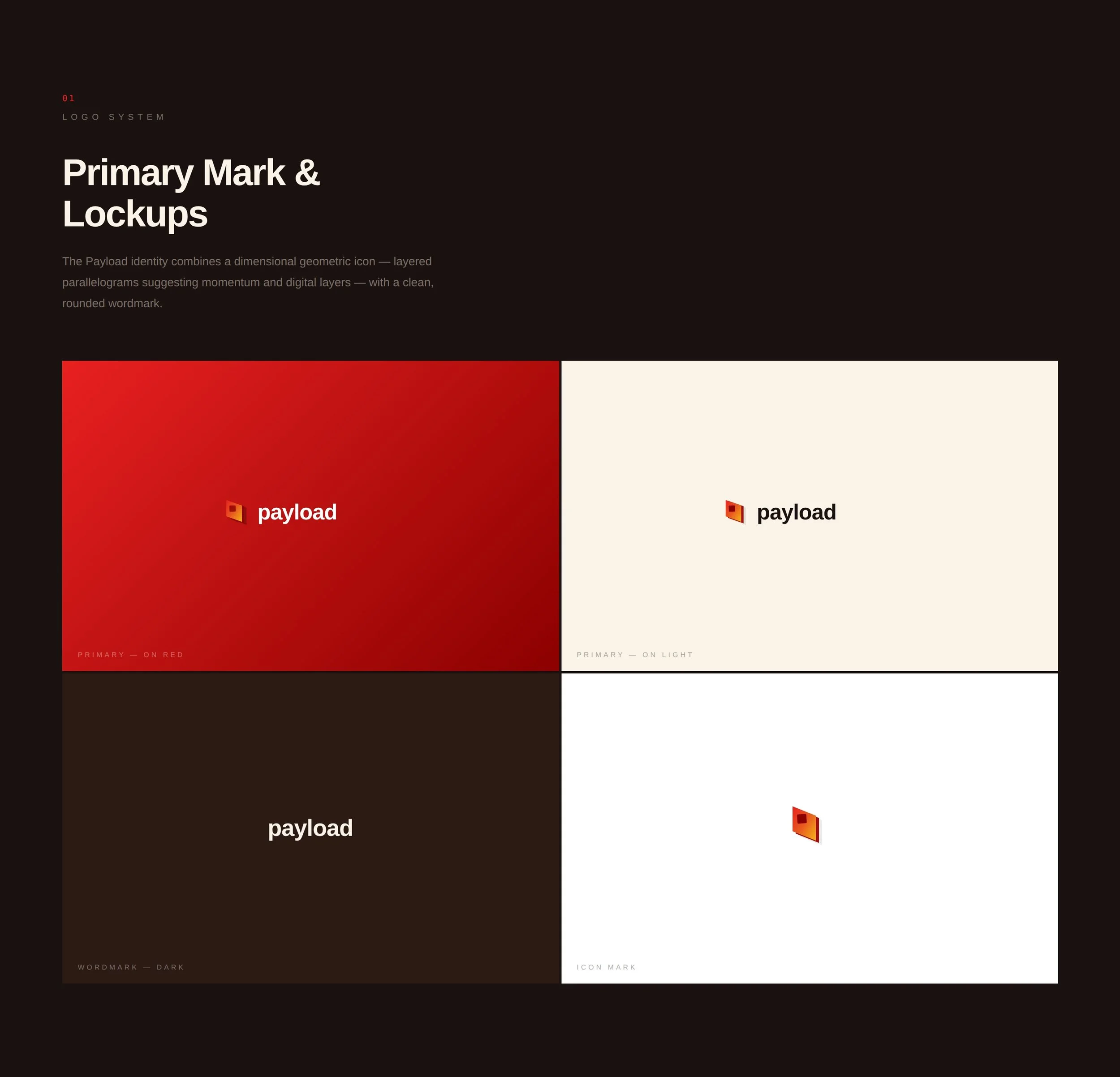 Slide presentation with different logo styles, including primary mark on red and light backgrounds, wordmark in dark, and icon mark, with text describing each.
