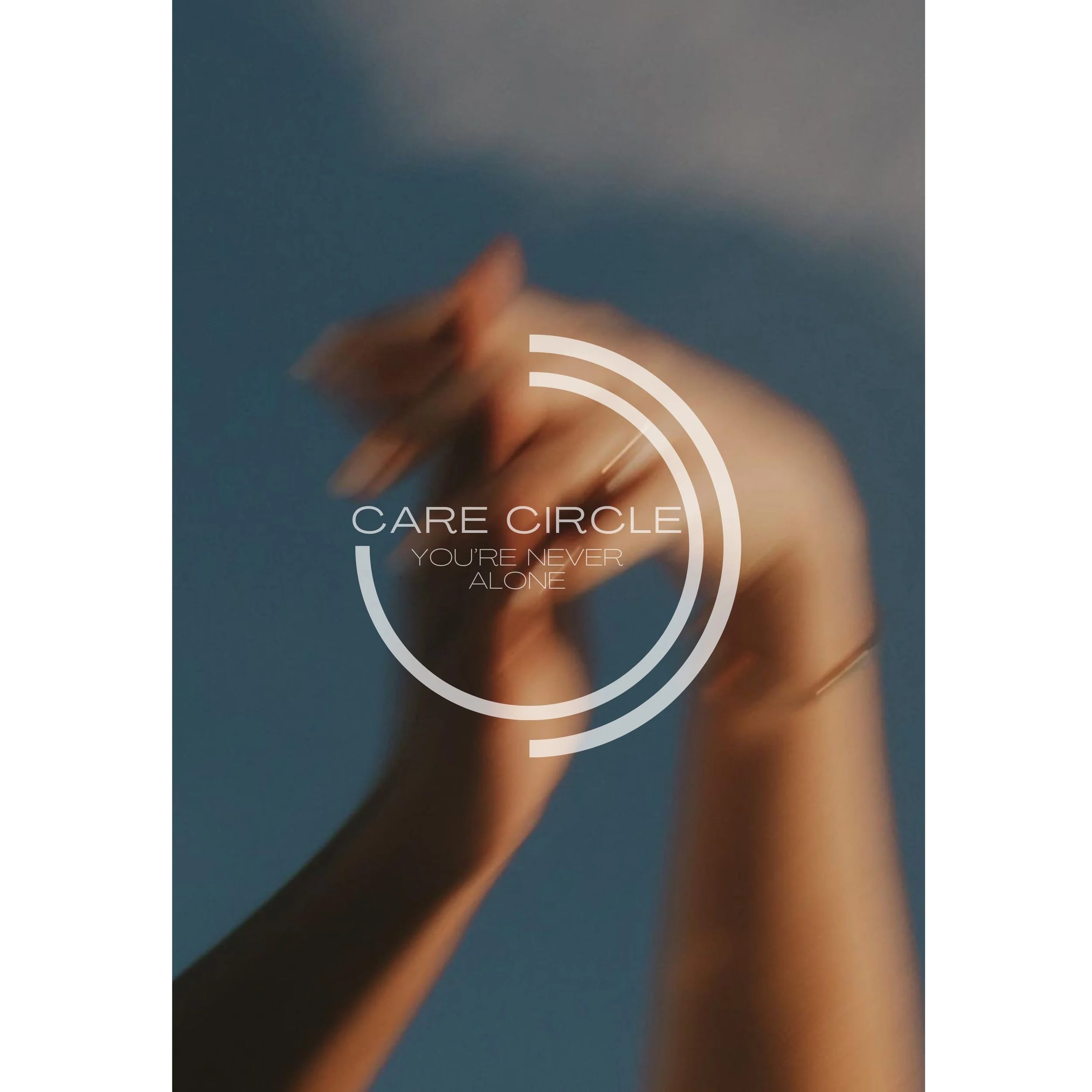 Abstract image of a blurred person holding a book or tablet against a blue sky, with the text 'Care Circle, You're Never Alone' overlaid in white circular design.