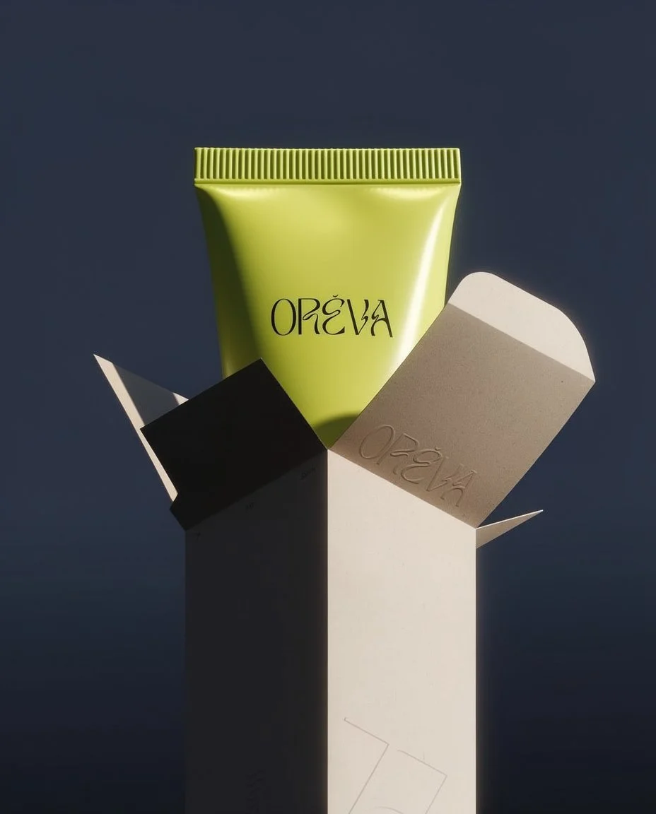 Green tube of skincare product labeled 'OPERA' inside a white open box with black and beige packaging.