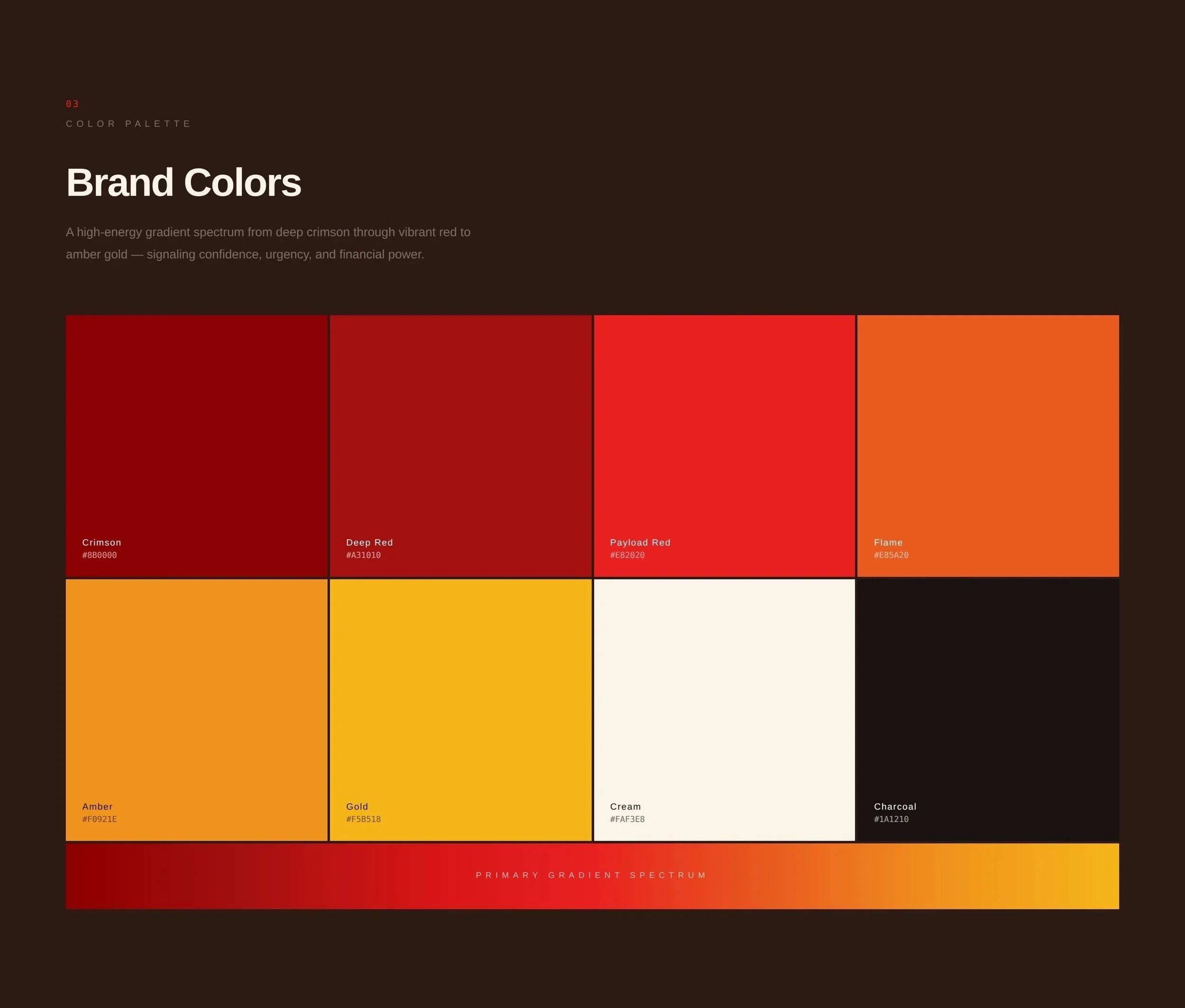 Display of a color palette featuring gradients from deep crimson to vibrant red, orange, yellow, cream, and dark charcoal. Each color is labeled with its name and hex code, illustrating a spectrum for brand colors.