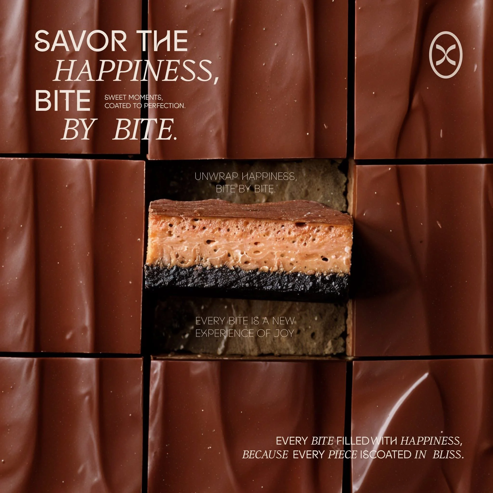 Close-up of assorted chocolate bars with overlaid text that reads, "Savor the happiness, bite by bite. Unwrap happiness, bite by bite. Every bite is a new experience of joy because every piece is coated in bliss."