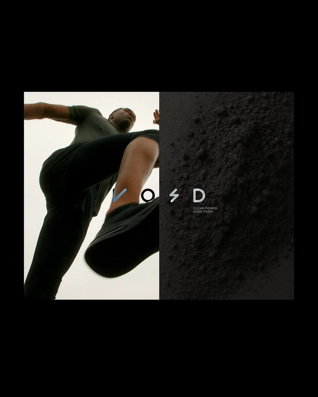 A person kicking a black medicine ball with a cloudy sky in the background, and a dark textured surface on the right side with the text 'V OD' and 'CLEAN POWER DARK FORM'.