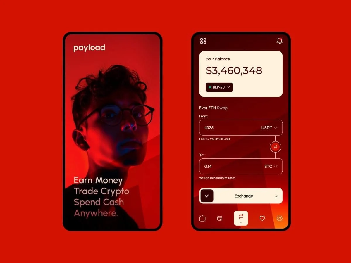 Two smartphone screens on a red background. The left screen displays an advertisement with a portrait of a person wearing glasses and text that says, "Earn Money, Trade Crypto, Spend Cash Anywhere." The right screen shows a cryptocurrency trading app