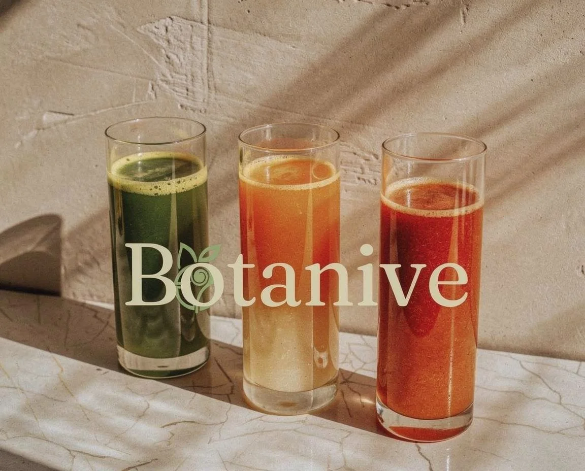 Three tall glasses filled with layered colorful juice drinks on a marble surface against a textured wall with shadows. The glasses are green, orange, and red, from left to right. The word 'Botanive' is overlaid on the image with a leaf icon incorpora